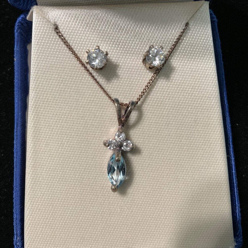 Avon Sterling Silver Necklace & Earrings Set W/ Blue Topaz & CZ Stones In Jewelr